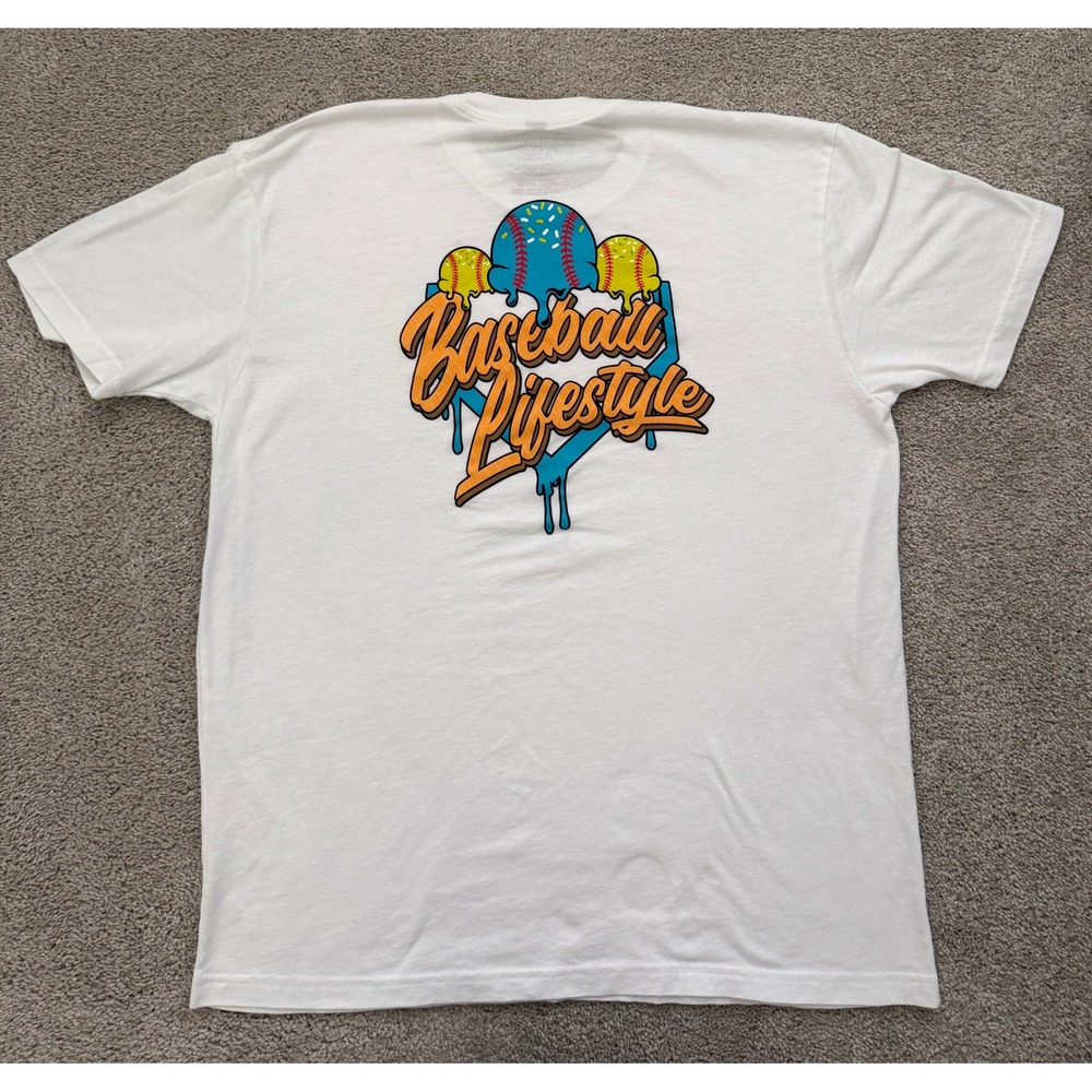 Baseball Lifestyle 101 Mens Large White Graphic T-Shirt Dripping Logo Tee